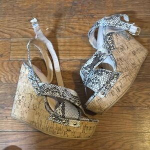 Shoe Dazzle Gray and Tan Wedge Sandals with Snakeskin Print